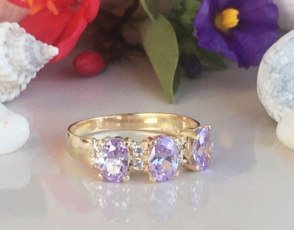 Lavender Amethyst Ring - Ring with Three Oval Lavender Amethyst Gemstones and Clear Quartz Accents - H.L.Jewelry