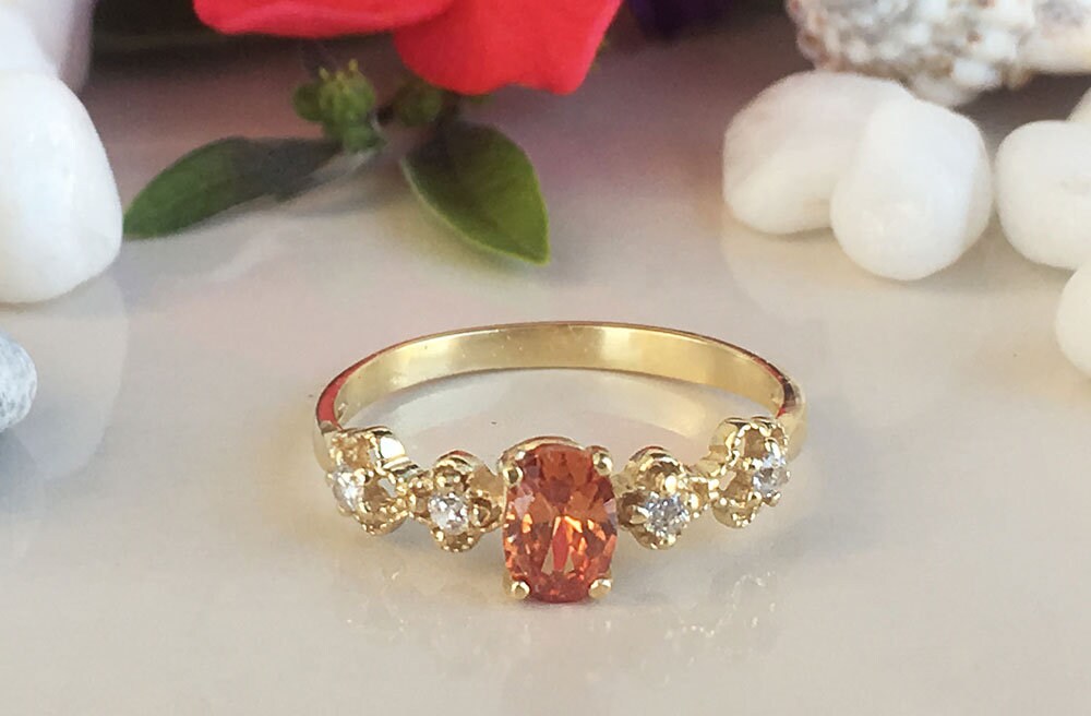 Citrine Ring - November Birthstone - Delicate Ring with Oval Citrine Gemstone and Flower Setting with Clear Quartz Accents - H.L.Jewelry