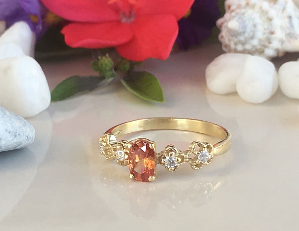 Citrine Ring - November Birthstone - Delicate Ring with Oval Citrine Gemstone and Flower Setting with Clear Quartz Accents - H.L.Jewelry