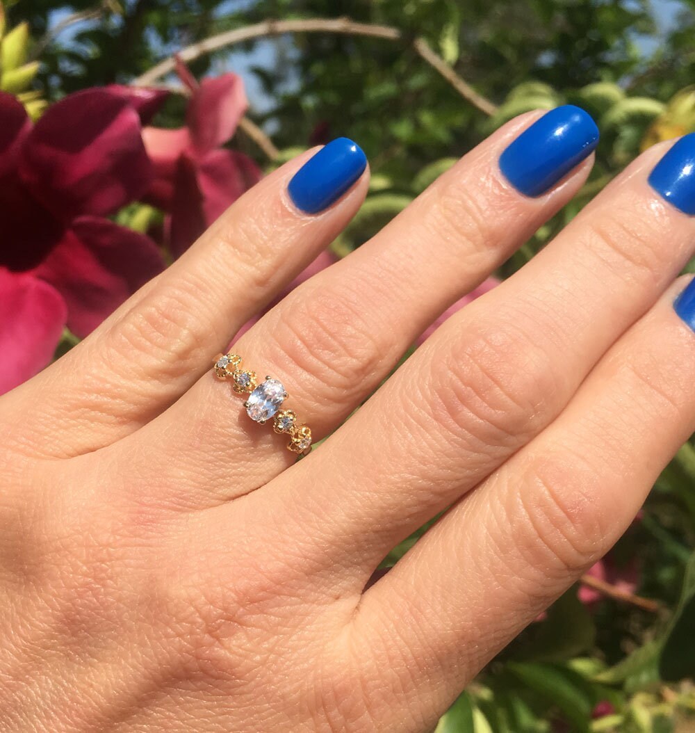 Clear Quartz Ring - April Birthstone - Oval Clear Quartz Gemstone Flower Setting Delicate Ring with Clear Quartz Accents - H.L.Jewelry