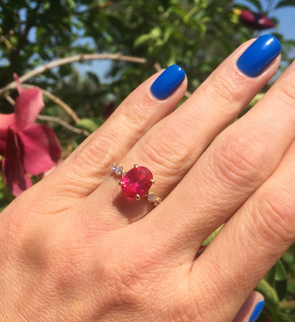 Ruby Ring - July Birthstone - Oval Ruby Gemstone Statement Engagement Ring with Clear Quartz Accents - H.L.Jewelry