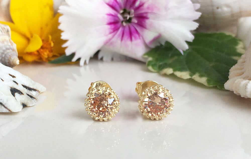 Citrine Earrings - November Birthstone - Small Round Stud Earrings with Citrine Gemstone - H.L.Jewelry