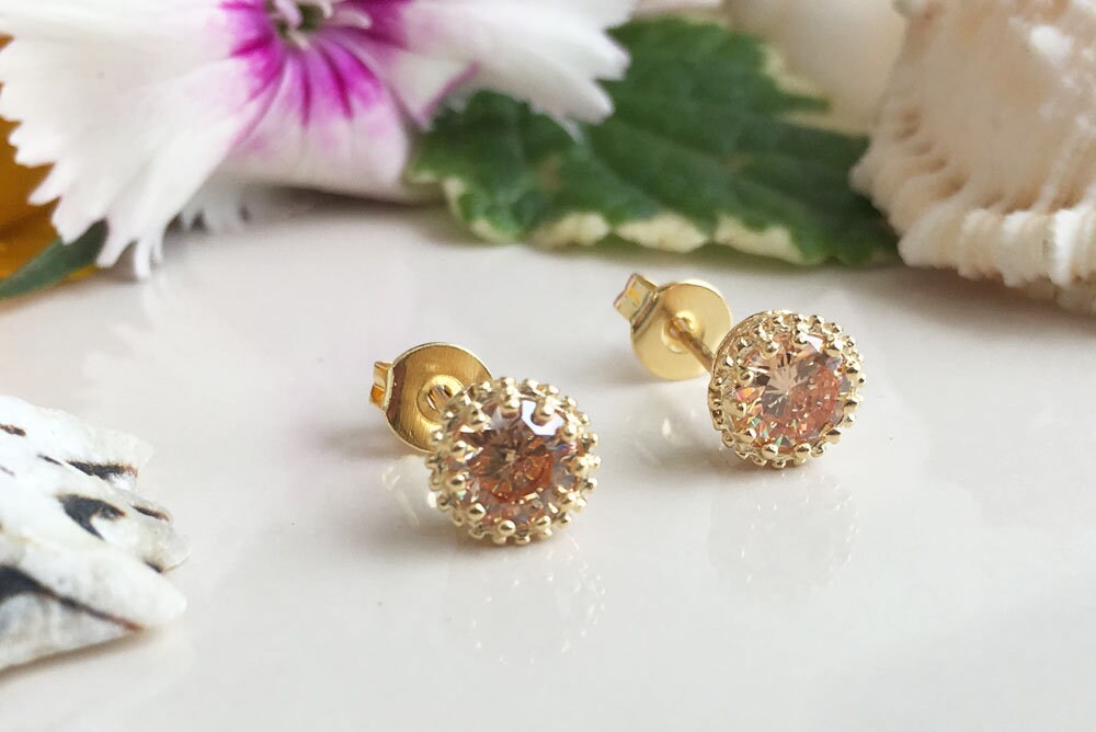 Citrine Earrings - November Birthstone - Small Round Stud Earrings with Citrine Gemstone - H.L.Jewelry