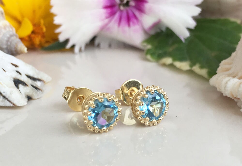 Blue Topaz Earrings - December Birthstone - Small Round Stud Earrings with Blue Topaz Gemstone - H.L.Jewelry