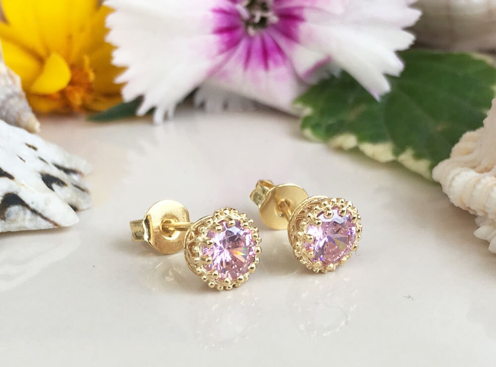 Rose Quartz Earrings - October Birthstone Jewelry - Small Round Stud Earrings - H.L.Jewelry