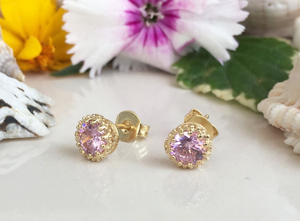 Rose Quartz Earrings - October Birthstone Jewelry - Small Round Stud Earrings - H.L.Jewelry