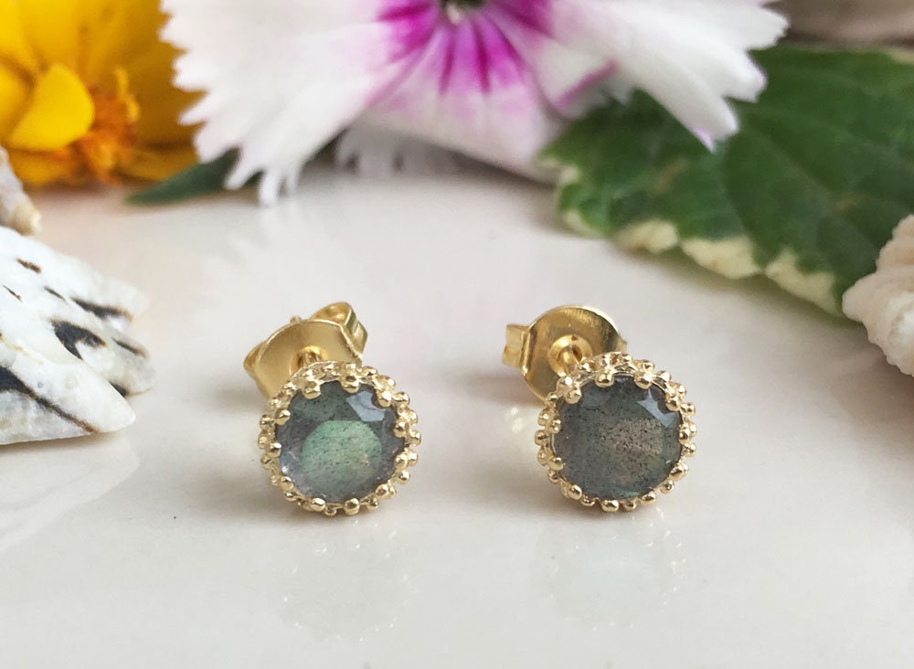 Labradorite Earrings - Small Round Stud Earrings with Labradorite Gemstone - H.L.Jewelry