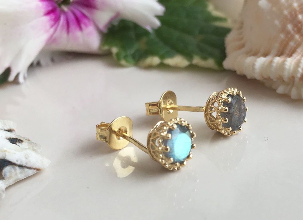 Labradorite Earrings - Small Round Stud Earrings with Labradorite Gemstone - H.L.Jewelry