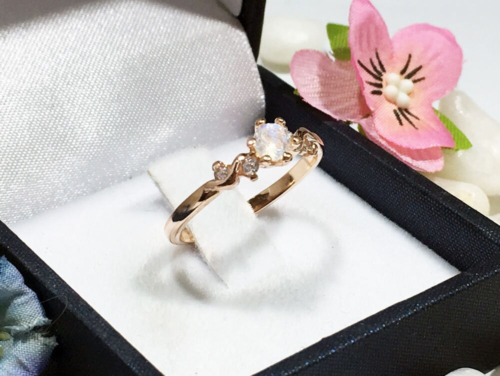 Rainbow Moonstone Ring - June Birthstone - Delicate Ring with Round Rainbow Moonstone and Clear Quartz Accents - H.L.Jewelry