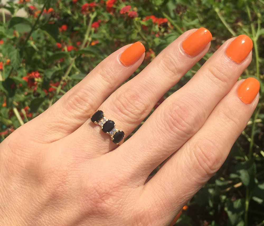 Black Onyx Ring - December Birthstone - Beautiful Ring with Three Oval Black Onyx Gemstones and Clear Quartz Accents - H.L.Jewelry