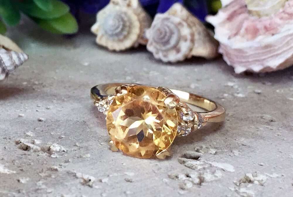 Citrine ring - November Birthstone - Round Citrine Gemstone Statement Engagement Ring with Clear Quartz Accents - H.L.Jewelry