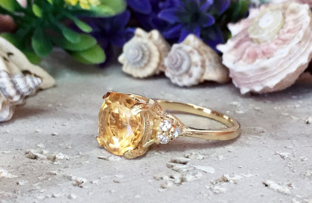 Citrine ring - November Birthstone - Round Citrine Gemstone Statement Engagement Ring with Clear Quartz Accents - H.L.Jewelry