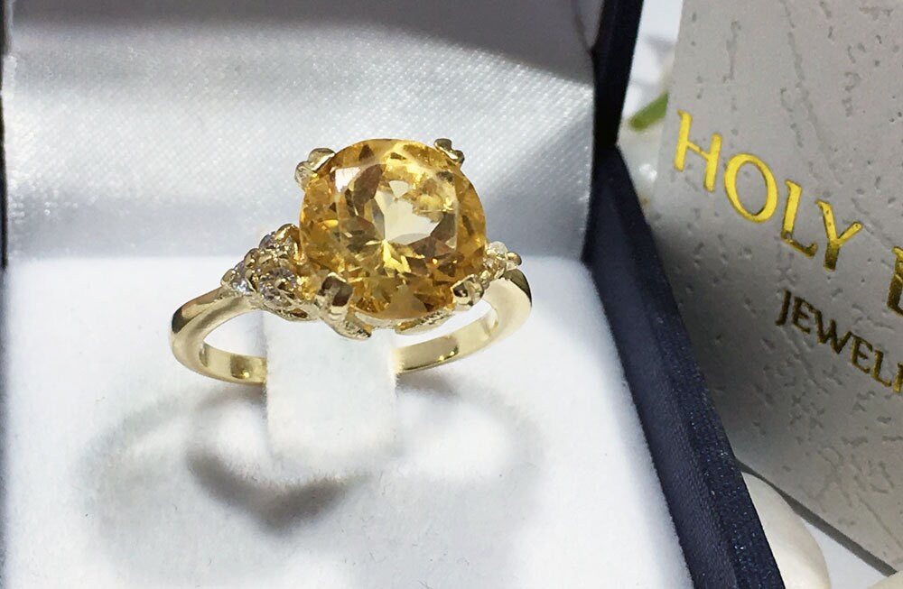 Citrine ring - November Birthstone - Round Citrine Gemstone Statement Engagement Ring with Clear Quartz Accents - H.L.Jewelry