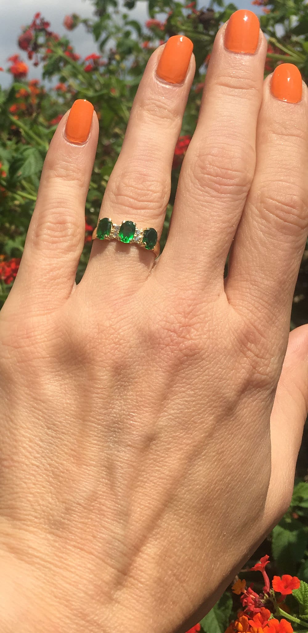 Emerald Ring - May Birthstone - Three Oval Emerald Gemstones Ring with Clear Quartz Accents - H.L.Jewelry