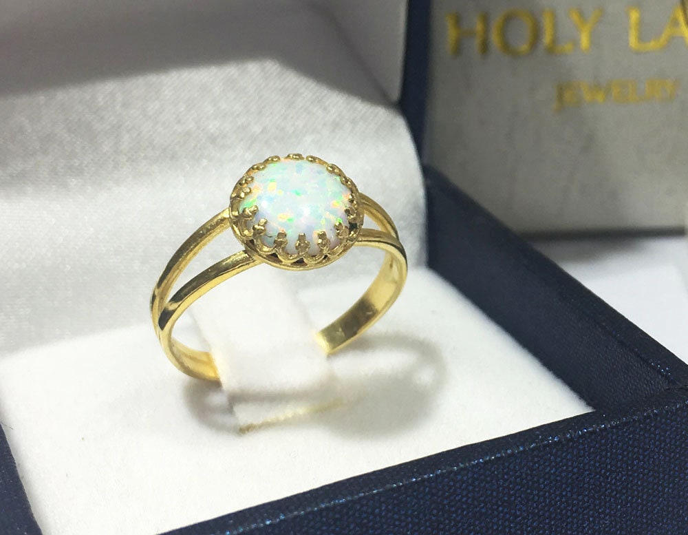 White Opal Ring - White Opal Gemstone Simple Double Band Round Crown Ring - H.L.Jewelry