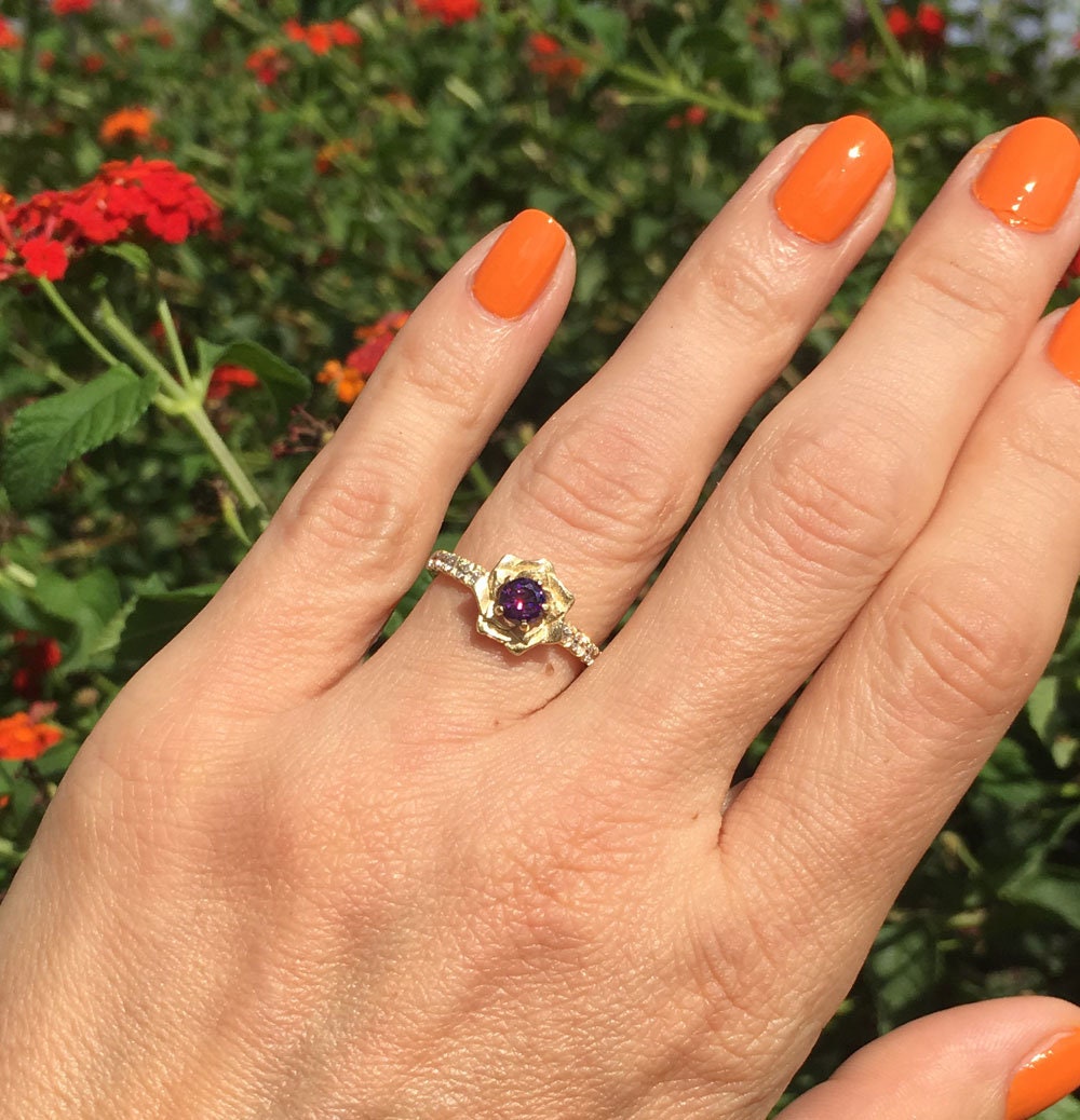 Purple Amethyst Ring - February Birthstone - Camellia Ring with Round Purple Amethyst Gemstone and Clear Quartz - H.L.Jewelry