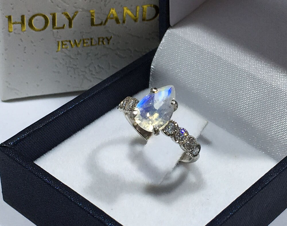 Rainbow Moonstone Ring - June Birthstone - Pear-Shaped Rainbow Moonstone Statement Engagement Ring with Clear Quartz Accents - H.L.Jewelry