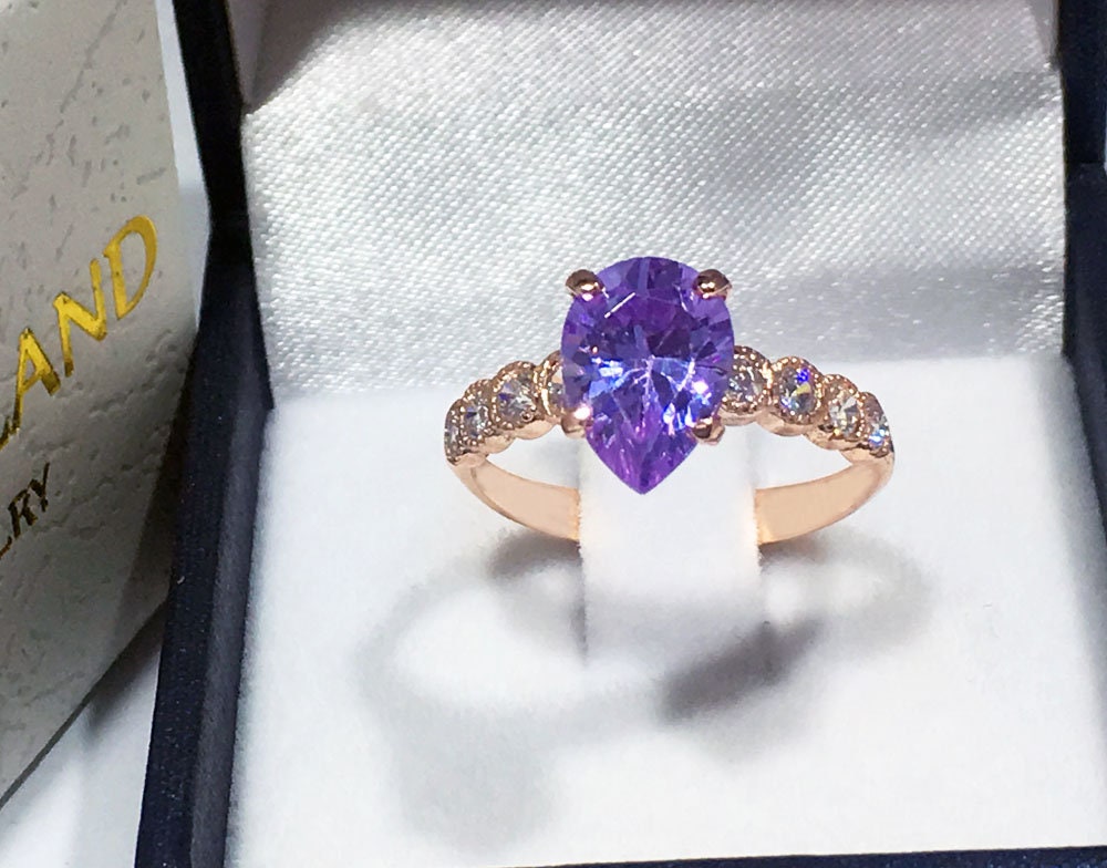 Lavender Amethyst Ring - Statement Engagement Ring with Pear-Shaped Lavender Amethyst Gemstone and Clear Quartz Accents - H.L.Jewelry