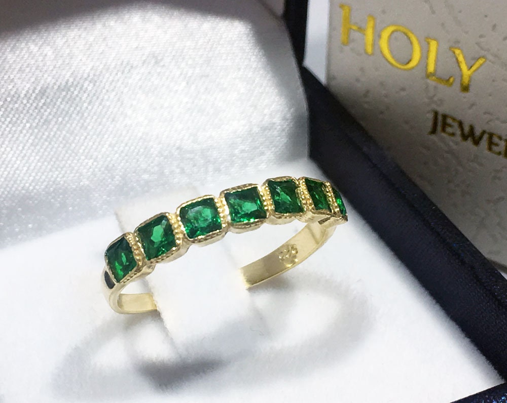 Emerald Ring - May Birthstone - Stacking Half Eternity Ring with Seven Square Emerald Gemstones - H.L.Jewelry