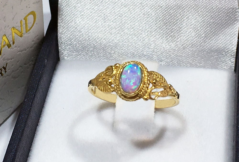 Blue Opal Ring - October Birthstone - Delicate Lace Ring with Oval Blue Opal Stone and Leaves Accents - H.L.Jewelry