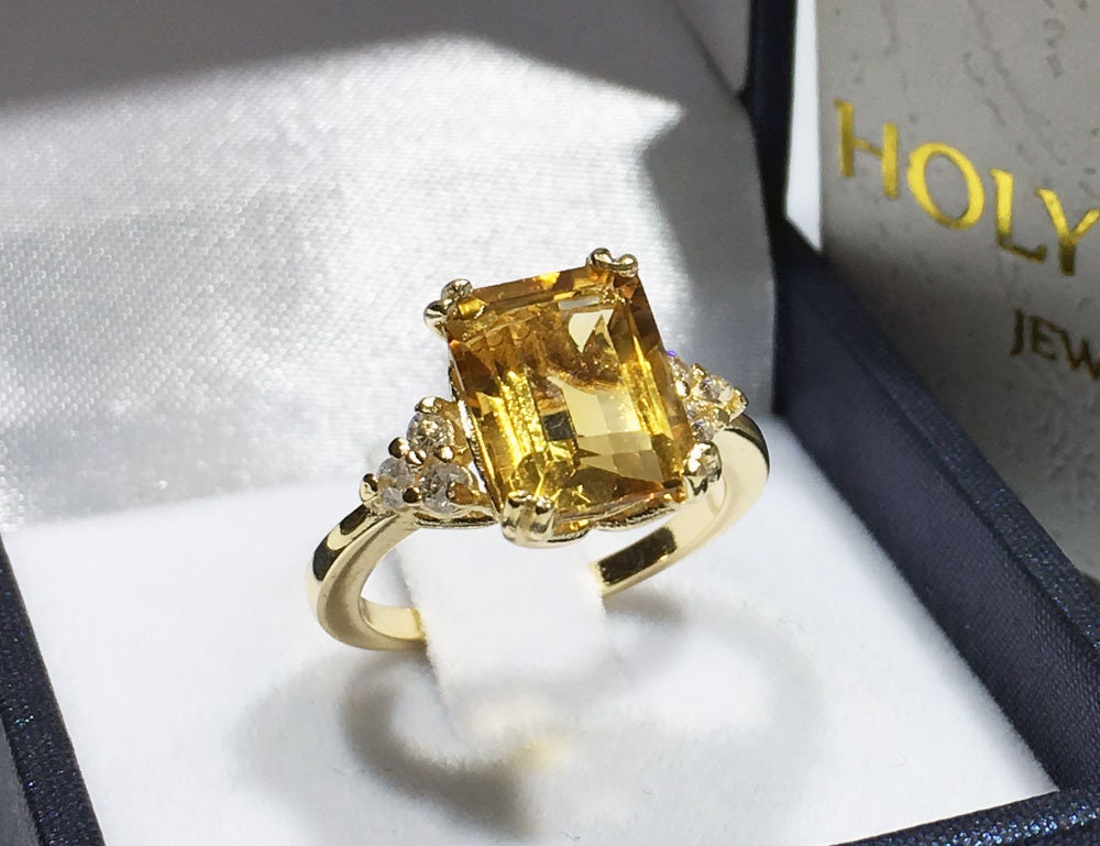 Citrine ring - November Birthstone - Octagon Citrine Gemstone Statement Engagement Ring with Clear Quartz Accents - H.L.Jewelry