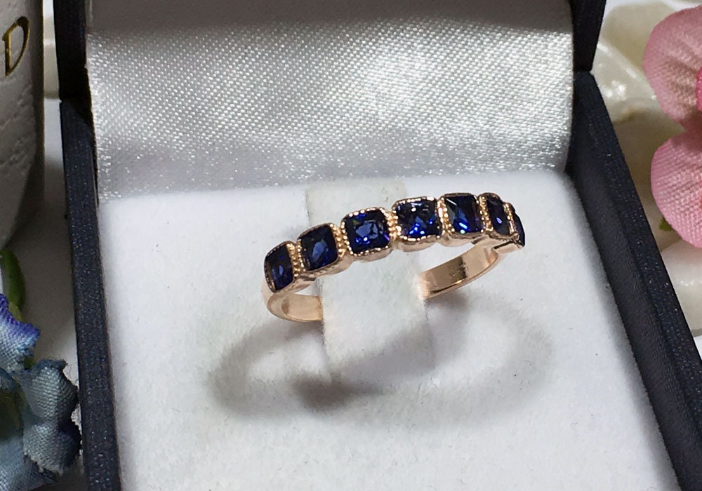 Blue Sapphire Ring - September Birthstone - Stacking Ring with Seven Square Blue Sapphire Gemstones - H.L.Jewelry