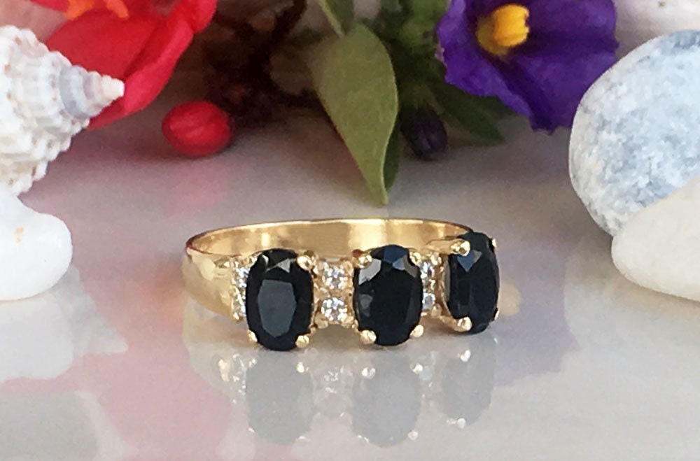 Black Onyx Ring - December Birthstone - Beautiful Ring with Three Oval Black Onyx Gemstones and Clear Quartz Accents - H.L.Jewelry