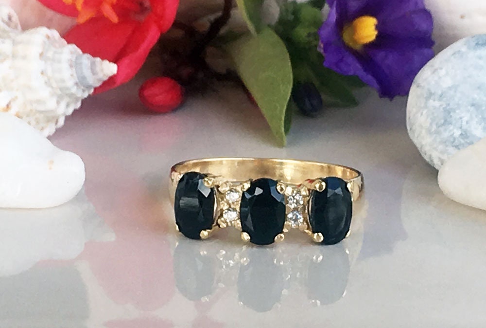 Black Onyx Ring - December Birthstone - Beautiful Ring with Three Oval Black Onyx Gemstones and Clear Quartz Accents - H.L.Jewelry