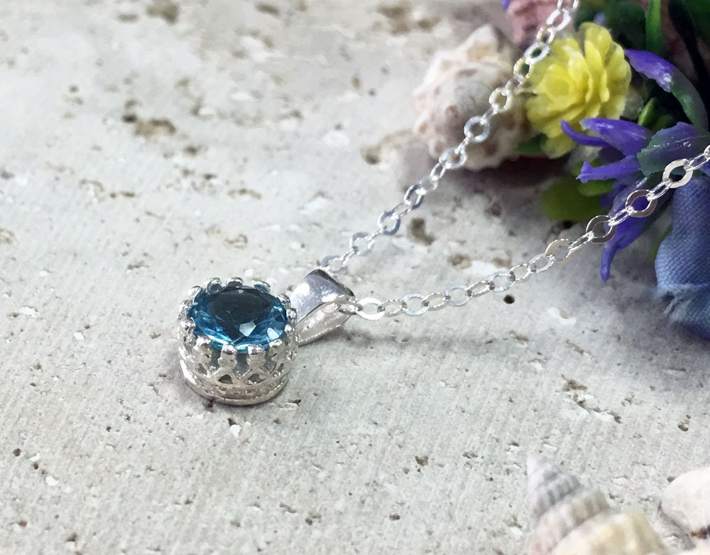 Blue Topaz Necklace - December Birthstone - Delicate Chain Necklace with Round Blue Topaz Gemstone - H.L.Jewelry