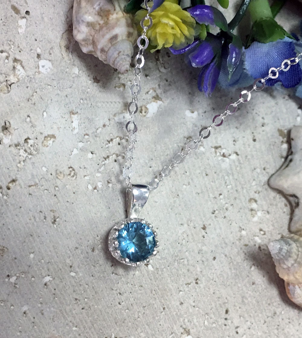 Blue Topaz Necklace - December Birthstone - Delicate Chain Necklace with Round Blue Topaz Gemstone - H.L.Jewelry