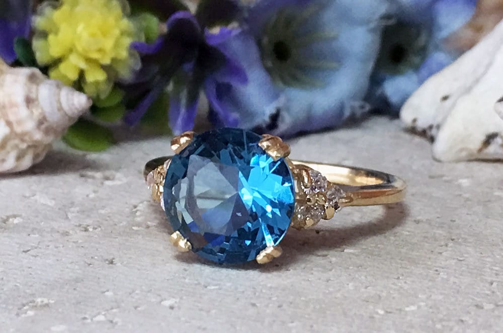 Blue Topaz Ring - December Birthstone - Round Blue Topaz Statement Engagement Ring with Clear Quartz Accents - H.L.Jewelry