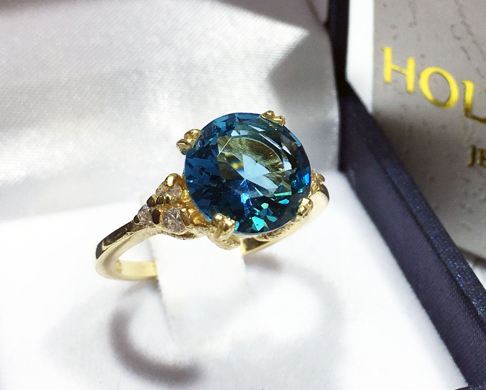 Blue Topaz Ring - December Birthstone - Round Blue Topaz Statement Engagement Ring with Clear Quartz Accents - H.L.Jewelry