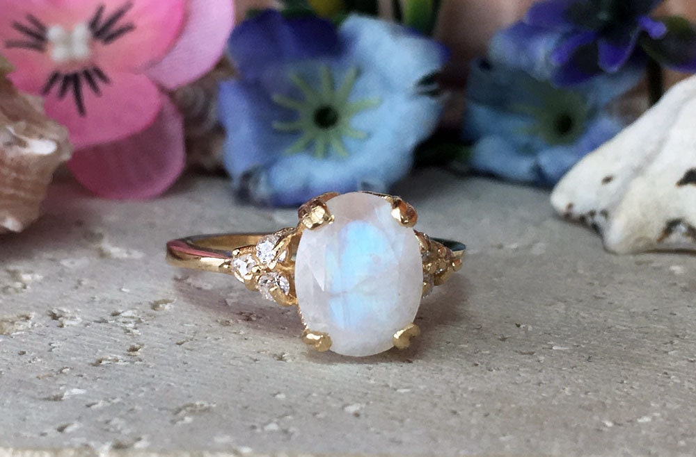 Rainbow Moonstone Ring - June Birthstone - Oval Rainbow Moonstone Statement Engagement Ring with Clear Quartz Accents - H.L.Jewelry