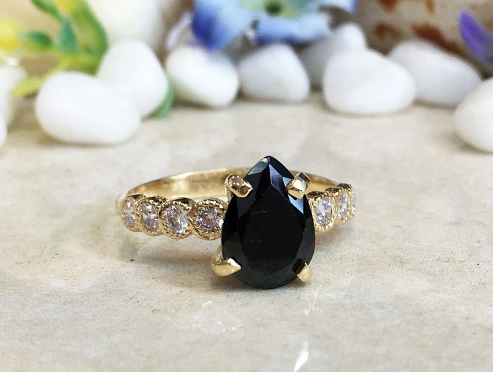 Black Onyx Ring - December Birthstone - Statement Engagement Ring with Pear Shape Black Onyx Middle Gemstone and Clear Quartz Accents - H.L.Jewelry