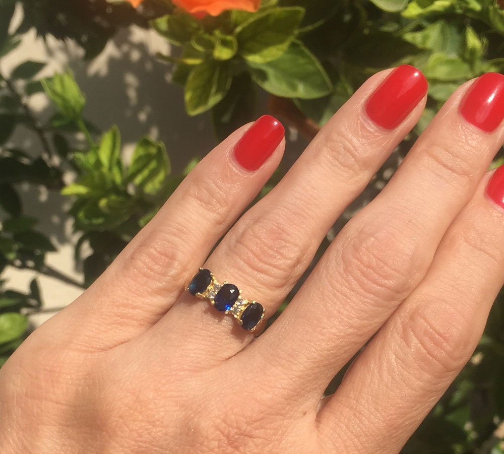 Blue Sapphire Ring - September Birthstone - Ring with Three Oval Blue Sapphire Gemstones and Clear Quartz Accents - H.L.Jewelry