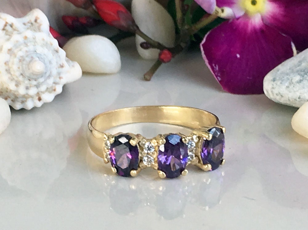 Purple Amethyst Ring - February Birthstone - Ring with Three Oval Purple Amethyst Gemstones and Clear Quartz Accents - H.L.Jewelry