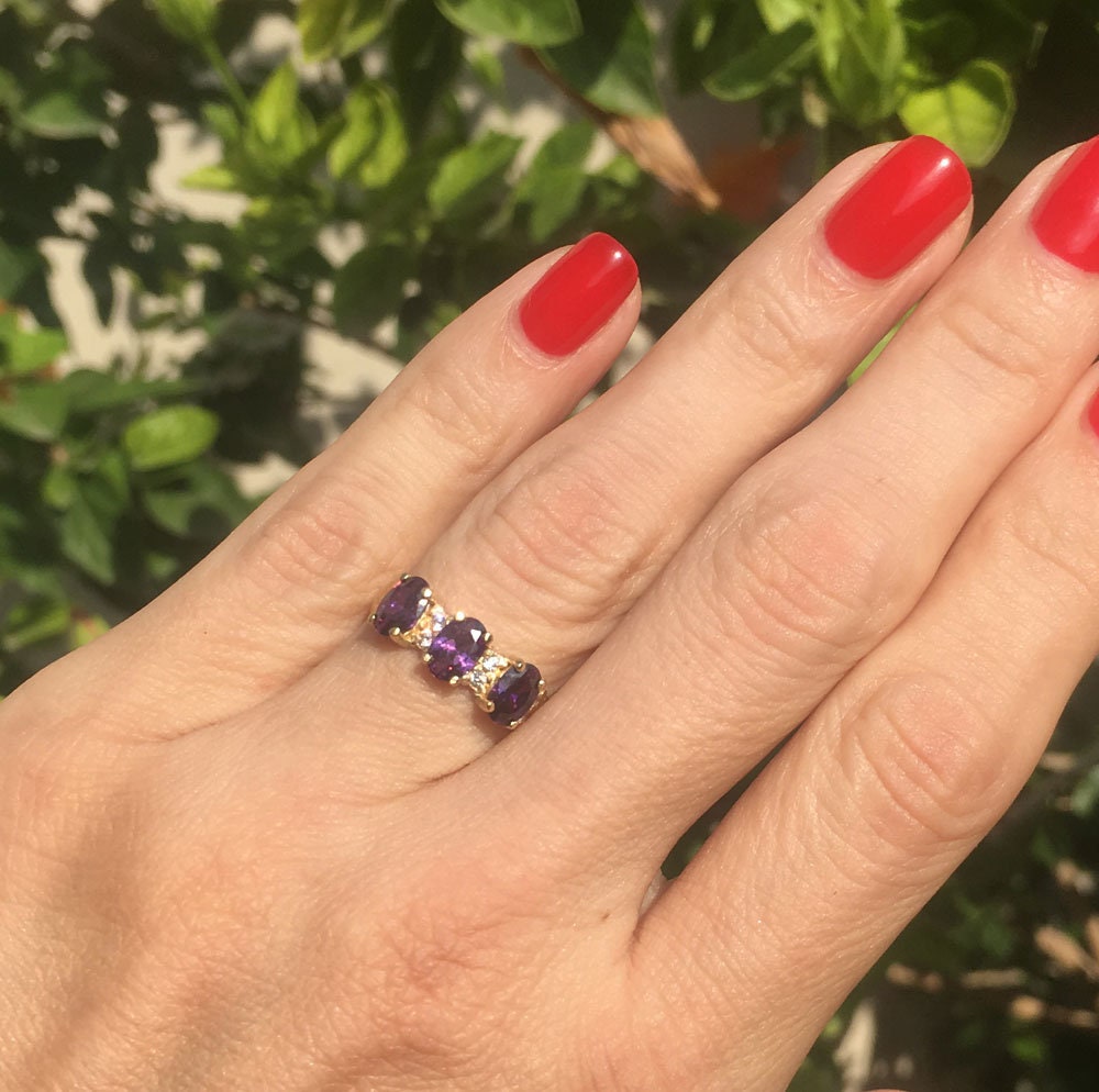 Purple Amethyst Ring - February Birthstone - Ring with Three Oval Purple Amethyst Gemstones and Clear Quartz Accents - H.L.Jewelry