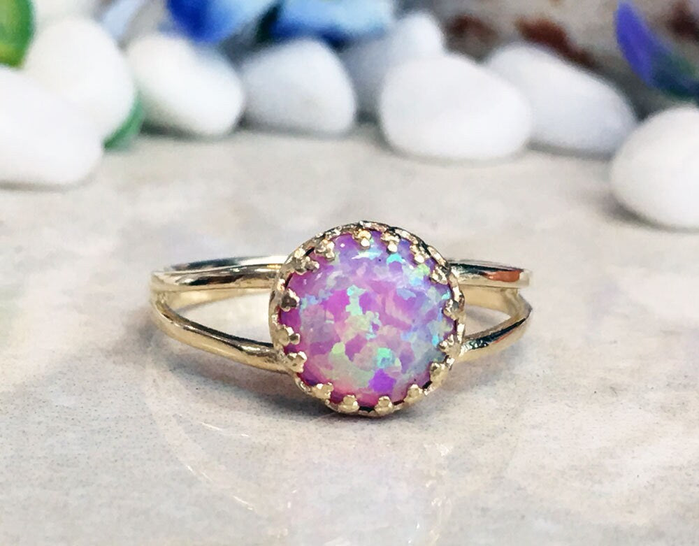 Rose Opal Ring - Gold Ring - Pink Opal Ring - Gemstone Ring - Opal Jewelry - Round Crown Ring - H.L.Jewelry