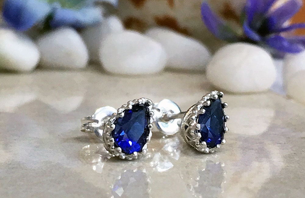 Blue Sapphire Earrings - September Birthstone Jewelry - Pear-Shaped Blue Sapphire Gemstone Small Stud Earrings - H.L.Jewelry