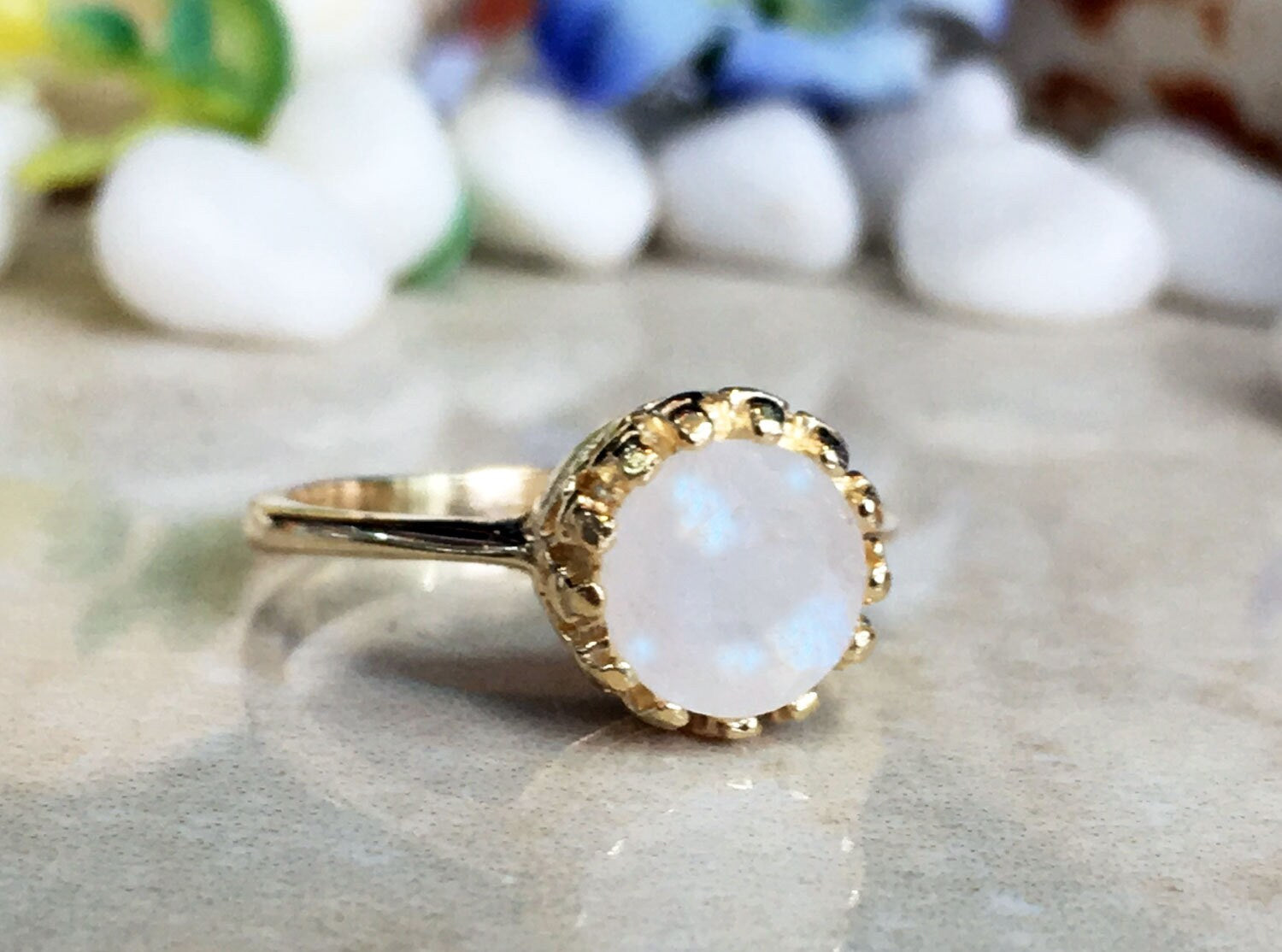 Rainbow Moonstone Ring - June Birthstone - Rainbow Moonstone Round Crown Ring - H.L.Jewelry