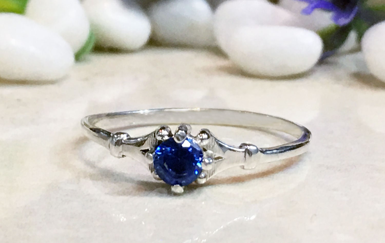 Blue Sapphire Ring - September Birthstone - Simple Delicate Ring with Round Blue Sapphire Gemstone - H.L.Jewelry