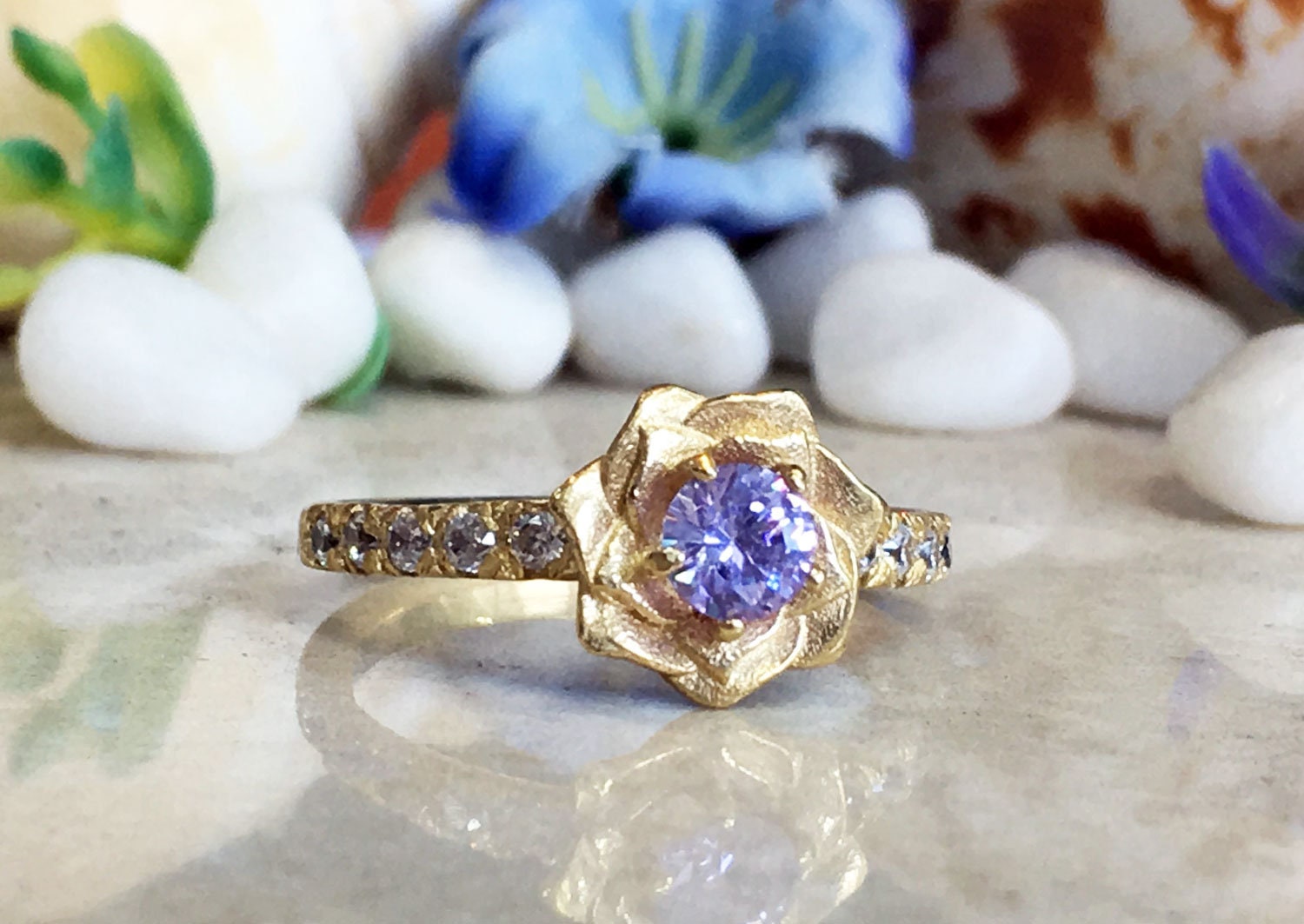 Lavender Amethyst Ring - Camellia Ring with Lavender Amethyst Gemstone and Clear Quartz Accents - H.L.Jewelry