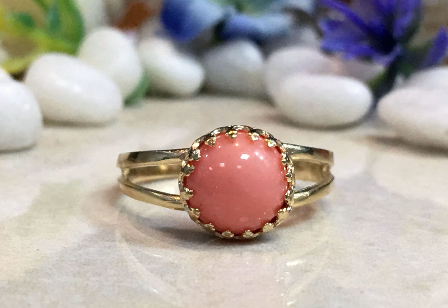 Coral Ring - Simple Double Band Round Crown Ring with Peach Coral Stone - H.L.Jewelry