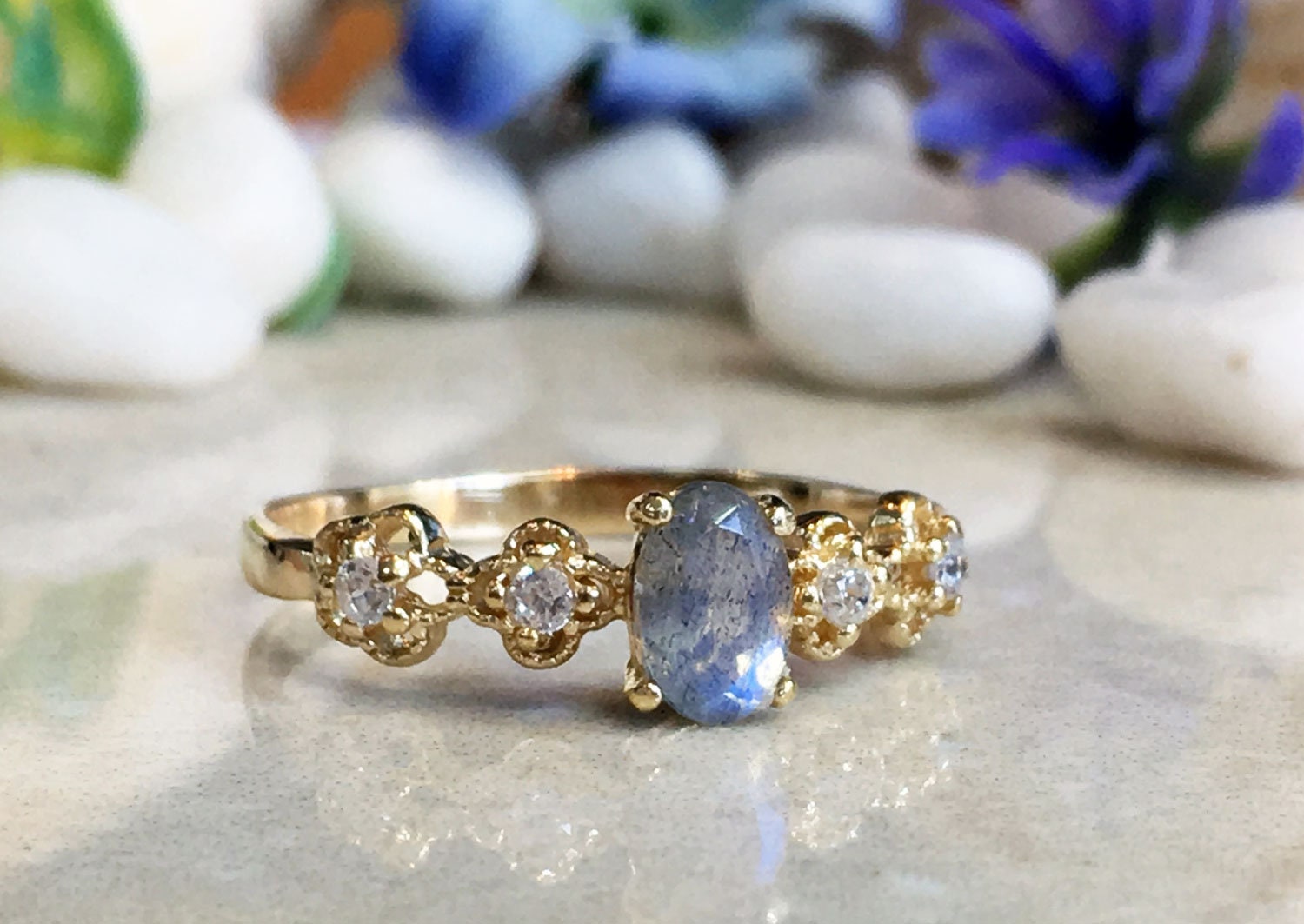 Labradorite  Ring - Delicate Ring with Oval Labradorite Gemstone and Flower Setting with Clear Quartz Accents - H.L.Jewelry