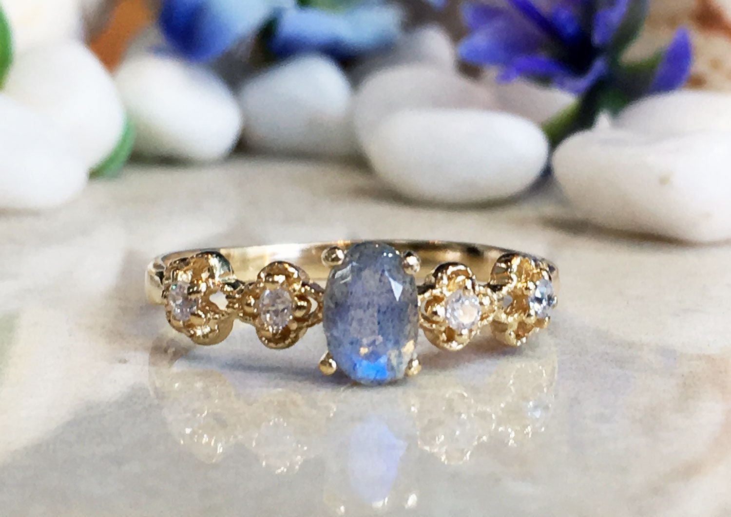 Labradorite  Ring - Delicate Ring with Oval Labradorite Gemstone and Flower Setting with Clear Quartz Accents - H.L.Jewelry