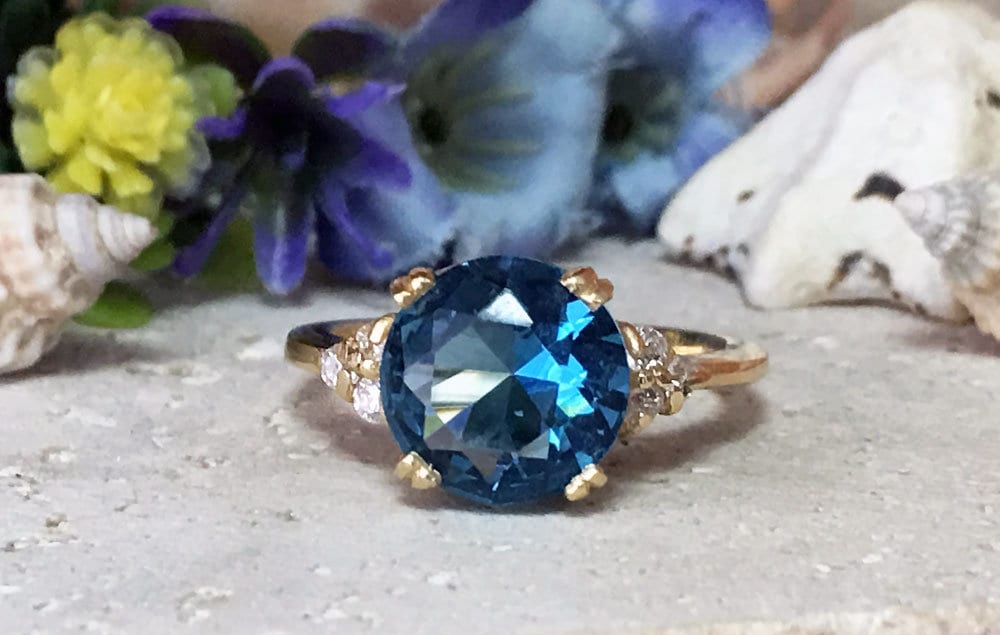 Blue Topaz Ring - December Birthstone - Round Blue Topaz Statement Engagement Ring with Clear Quartz Accents - H.L.Jewelry