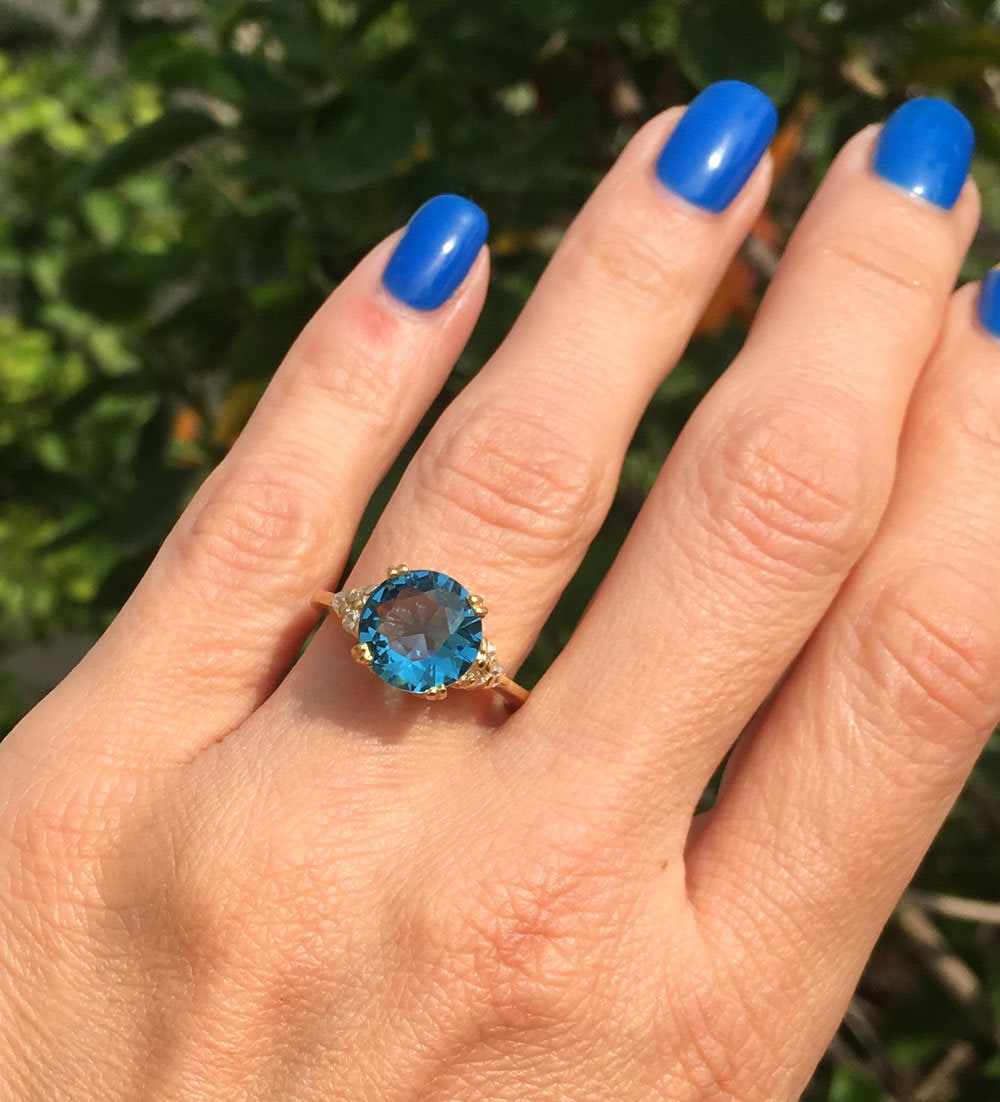 Blue Topaz Ring - December Birthstone - Round Blue Topaz Statement Engagement Ring with Clear Quartz Accents - H.L.Jewelry