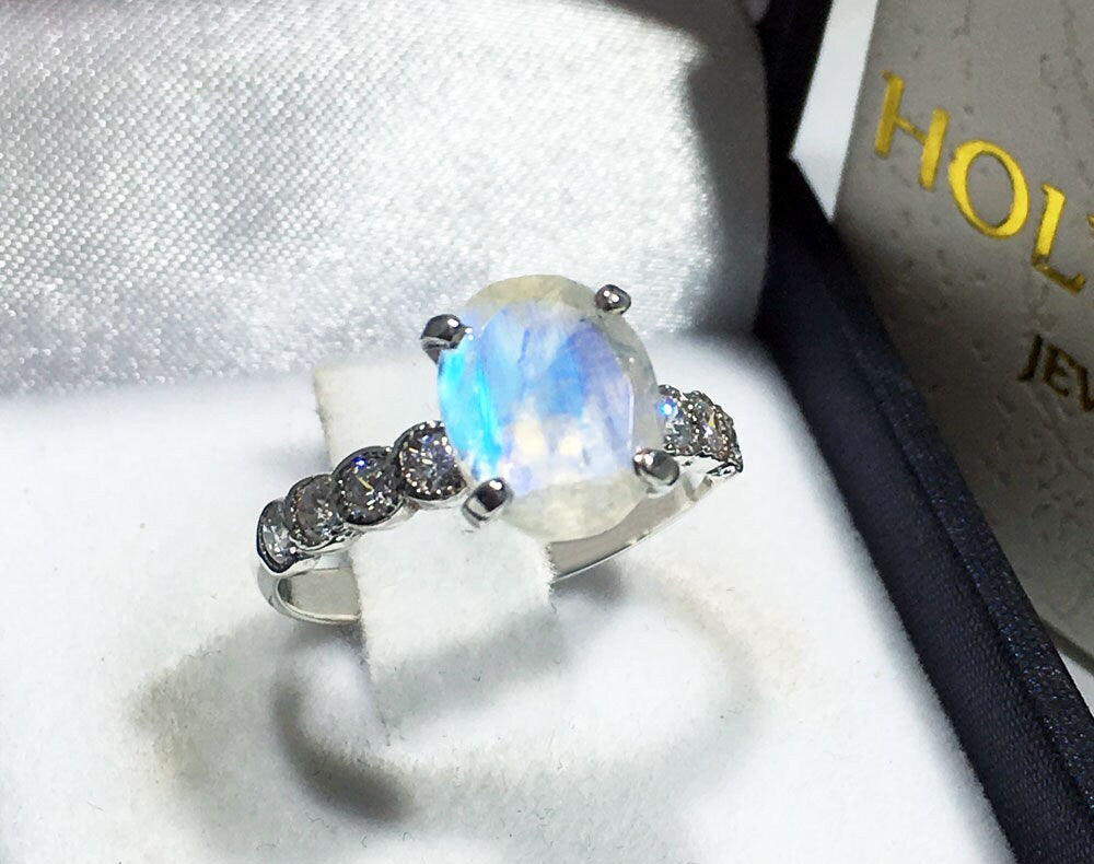 Rainbow Moonstone Ring - June Birthstone - Oval Rainbow Moonstone Statement Engagement Ring with Clear Quartz Accents - H.L.Jewelry