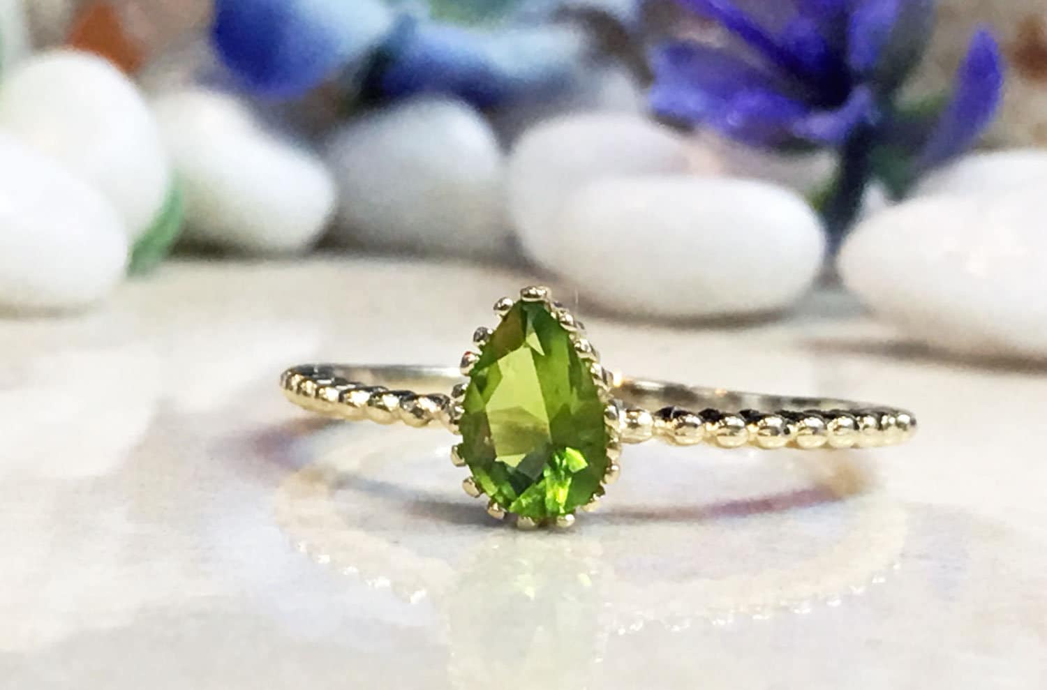 Peridot Ring - August Birthstone - Delicate Stacking Ring with Pear-Shaped Peridot Gemstone - H.L.Jewelry