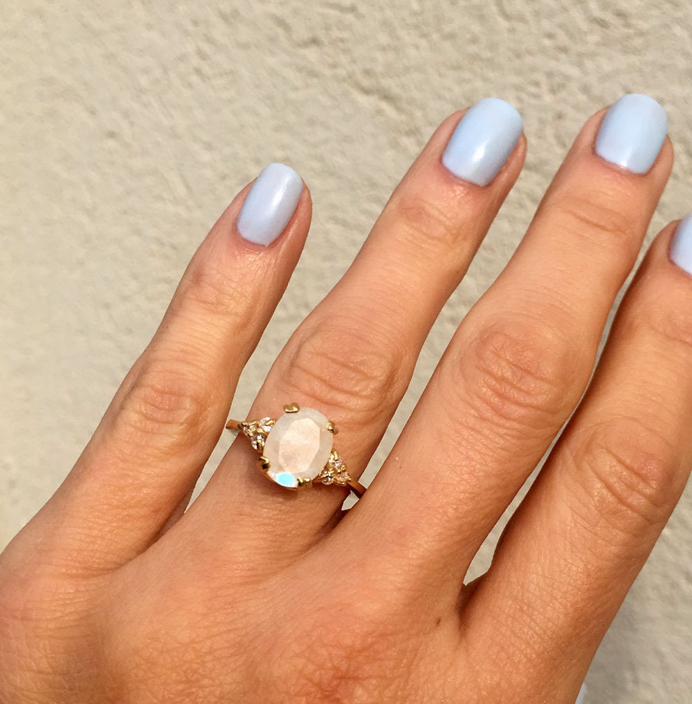 Rainbow Moonstone Ring - June Birthstone - Oval Rainbow Moonstone Statement Engagement Ring with Clear Quartz Accents - H.L.Jewelry